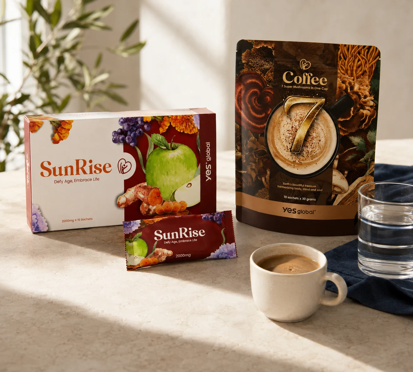 SunRise and 7 Coffee beside a morning cup of coffee